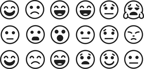 Collection of black and white emoticon faces showing various emotional expressions for digital communication, social media, and creative vector design projects