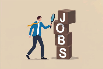 Man with magnifying glass examining stacked blocks spelling out jobs isolated on transparent background