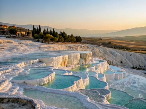 Pamukkale turkey travertine terraces with turquoise water at sunrise