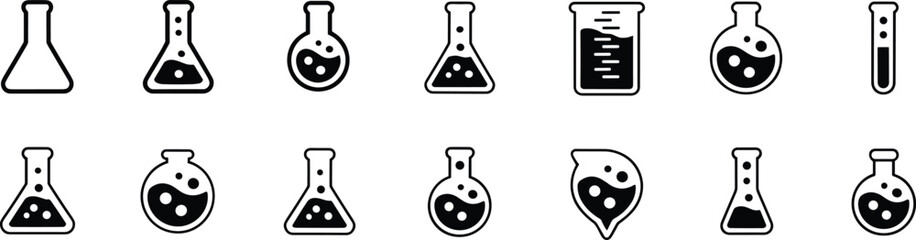 Laboratory glassware icons, chemical flasks, science experiment beakers, test tubes vector set, research equipment, biology chemistry laboratory, scientific education tools illustration