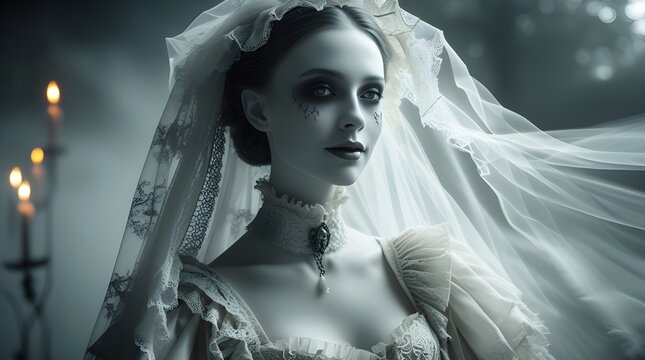 ghost of pale skin woman dress like a bride in halloween season