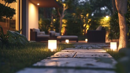 Obraz premium Evening garden path, modern house, patio seating, glowing lanterns