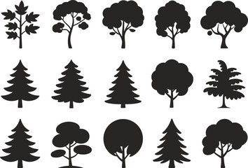 Fototapeta premium Set of Fifteen Unique Tree Silhouettes in Black Vector Style for Nature, Landscape, Environmental, Seasonal, and Graphic Design Projects