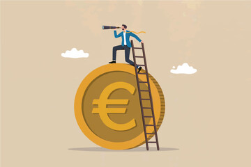 Businessman climbing ladder on euro coin looking through telescope for financial success isolated on transparent background