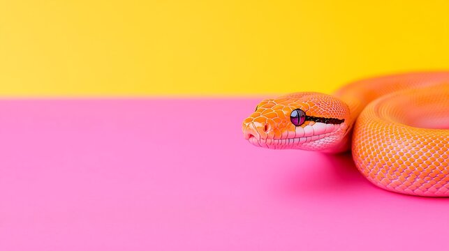 Albino ball python coiled on a pink and yellow background