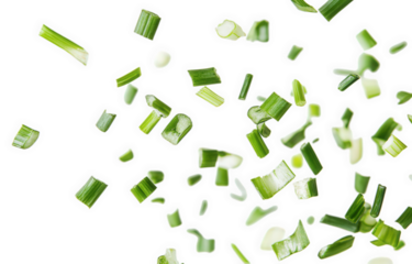 Chopped fresh green chives flying, isolated on transparent background