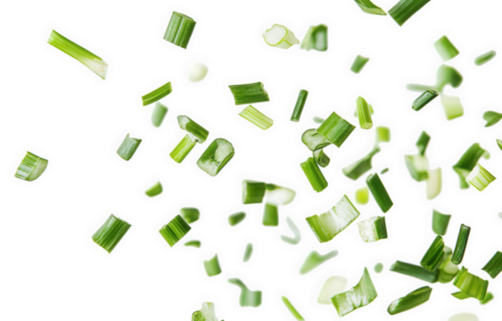Chopped fresh green chives flying, isolated on transparent background