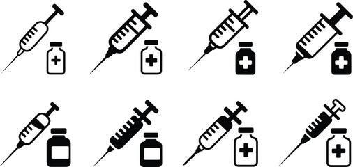 Medical syringe injection icons, vaccine vial symbol, healthcare equipment, hospital treatment design, immunization needle graphic, doctor tools, medicine vaccination illustration set