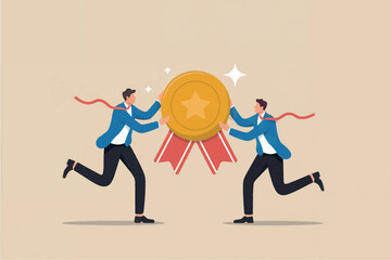Two businessmen running towards a large golden medal celebrating victory and achievement isolated on transparent background