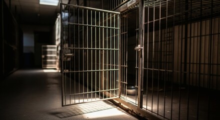 A stark view of an open prison cell door in a shadowy corridor, evoking themes of justice,punishment,and the possibility of release