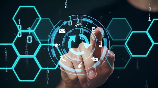 Person Touching Holographic Digital Interface With Binary Code and Hexagonal Backgrounds Futuristic Concept on Dark Backdrop