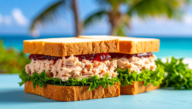 Tropical Turkey Cranberry Sandwiches: Beachside Gourmet Delight - Powered by Adobe