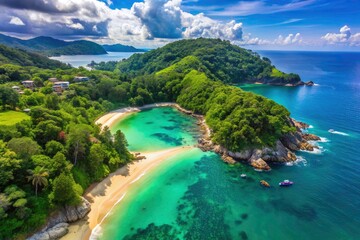 Obraz premium Phuket's breathtaking beach: a vibrant 4K aerial landscape.