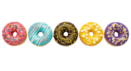 A vibrant row of five delicious donuts, each with unique colorful frosting and toppings, perfect for confectionery, dessert, or sweet treat themes.