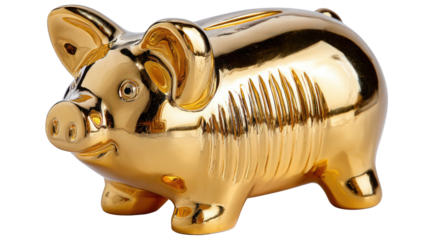 Golden Piggy Bank: A close-up shot of a glistening gold piggy bank, symbolizing savings and financial security, inviting contemplation on the concepts of wealth and future prosperity.