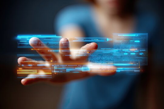 Woman interacting with holographic interface - Powered by Adobe