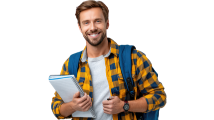 Smiling student: A student poses, holding a notebook and wearing a backpack, radiating a cheerful demeanor and embodying the essence of youth and educational pursuit.