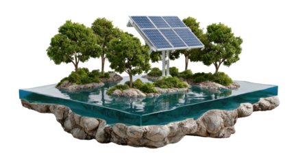 Solar Panel on Island: A sustainable ecosystem flourishing with vibrant greenery, lush trees, clean water, and a solar panel, representing the power of green energy in an innovative visual.