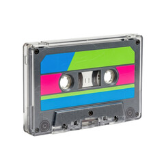 Obraz premium A vintage audio cassette tape featuring a clear plastic casing and a vibrant neon green, pink, and blue label, evoking 80s and 90s nostalgia.