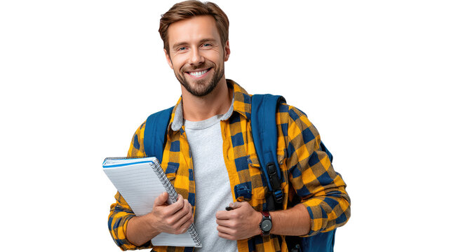 Smiling student: A student poses, holding a notebook and wearing a backpack, radiating a cheerful demeanor and embodying the essence of youth and educational pursuit.