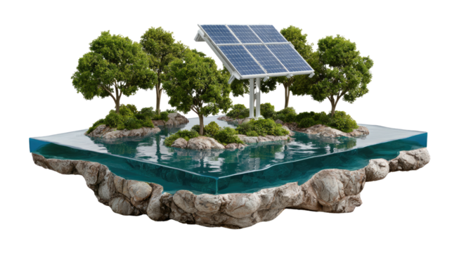 Solar Panel on Island: A sustainable ecosystem flourishing with vibrant greenery, lush trees, clean water, and a solar panel, representing the power of green energy in an innovative visual.