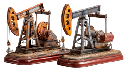 Industrial Pump Jacks: Twin vintage pump jacks stand steadfast, their intricate mechanisms capturing an era of progress, resourcefulness, and the extraction of valuable commodities.