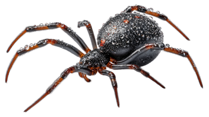 Spider with Droplets: A close-up studio shot reveals the intricate details of a spider's anatomy. Delicate water droplets glisten upon its dark, textured exoskeleton.