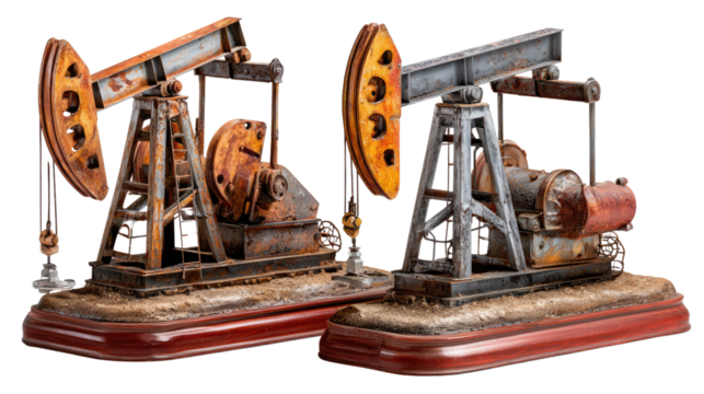 Industrial Pump Jacks: Twin vintage pump jacks stand steadfast, their intricate mechanisms capturing an era of progress, resourcefulness, and the extraction of valuable commodities.