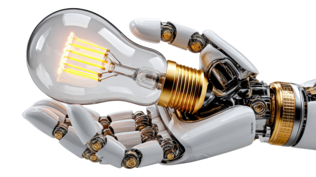 Idea Generation: A close-up image showcasing a futuristic mechanical arm grasping a radiant, illuminated light bulb