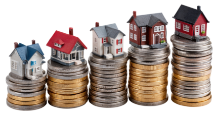 Real Estate Investment: A visual metaphor for the housing market, showcasing a row of miniature houses perched atop stacks of coins.