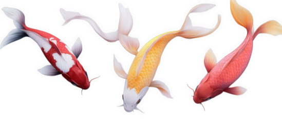 Three colorful koi fish swimming gracefully, isolated on transparent background