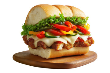 Milanesa chicken sandwich with beef lettuce, tomato, onions, pickles, and sauce isolated on white transparent background, concept of fast food meal