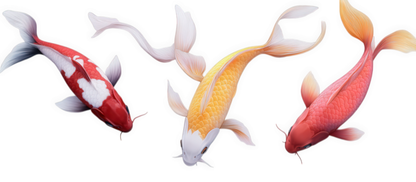 Three colorful koi fish swimming gracefully, isolated on transparent background