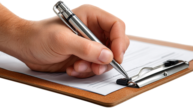 Hand with Pen and Clipboard: Capturing the moment a hand, holding a pen, begins to write on a clipboard, an emblem of paperwork, organization, and documentation.