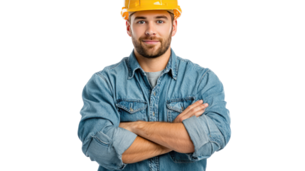 Construction Worker's Confidence: A construction worker exudes confidence, his arms crossed and a smile gracing his face. He wears a yellow hard hat and a denim shirt.