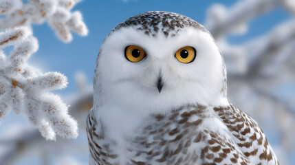 Obraz premium serene photograph of a majestic white owl with piercing yellow eyes perched on a snowy branch,