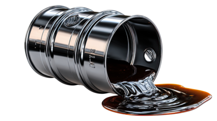 Oil Spillage from a Barrel: A stark depiction of environmental impact as crude oil gushes from a metal drum, symbolizing waste and environmental damage.