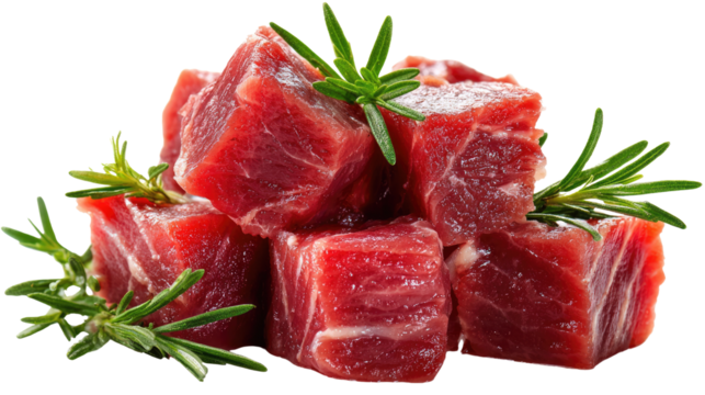 Diced beef with Rosemary : Culinary close-up captures succulent raw beef cubes, artfully arranged, interspersed with sprigs of rosemary. Evoking a sensory experience of flavor and aroma.