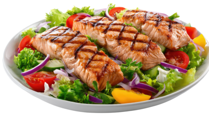 Grilled Salmon Salad Delight: A culinary masterpiece of grilled salmon fillets atop a bed of fresh, vibrant salad greens. The image is a tantalizing composition for culinary and food imagery.