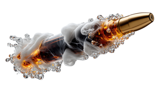 Bullet in Motion: A hyper-realistic portrayal of a bullet slicing through the air, its journey visualized with stunning effects of speed and force, including water droplets.