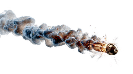 Bullet Trail in Motion: A hyperrealistic portrayal of a speeding bullet tearing through the air, its metallic form trailing a dynamic plume of smoke. This image conveys power, velocity.