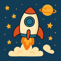 Cartoon Rocket Flying Through Space with Stars and Planets in Background