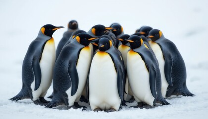 Fototapeta premium An emperor penguin and chick stand on the vast white ice of Antarctica