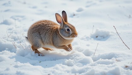 Naklejka premium A cute white fluffy bunny with long ears hops in the snow