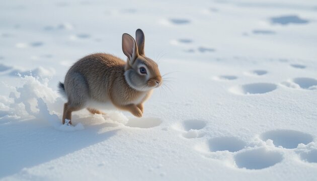 A cute white fluffy bunny with long ears hops in the snow