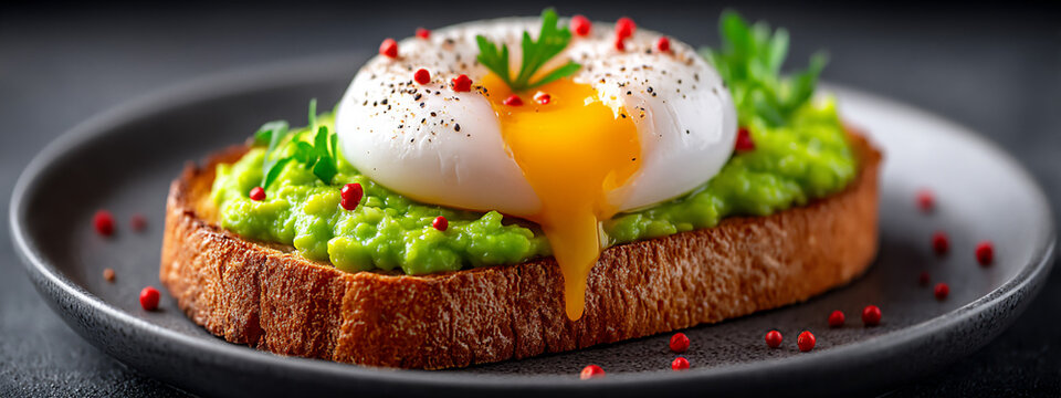 mouth-watering photograph of a creamy avocado toast with a perfectly poached egg and red pepper flak - Powered by Adobe