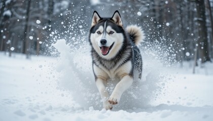 Naklejka premium A fluffy Siberian Husky dog with blue eyes stands in the white snow, a purebred winter wolf