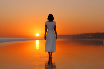 Fototapeta premium serene photograph of a person walking along a beautiful beach at sunset