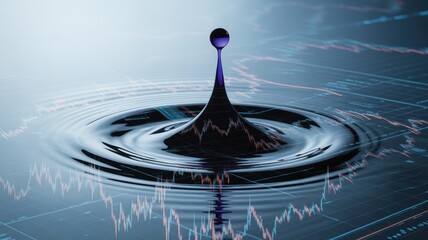 stock market visual metaphor concept. Droplet creating ripples on a digital financial background.