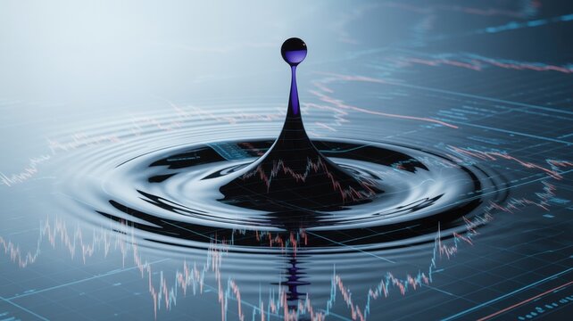 stock market visual metaphor concept. Droplet creating ripples on a digital financial background. - Powered by Adobe